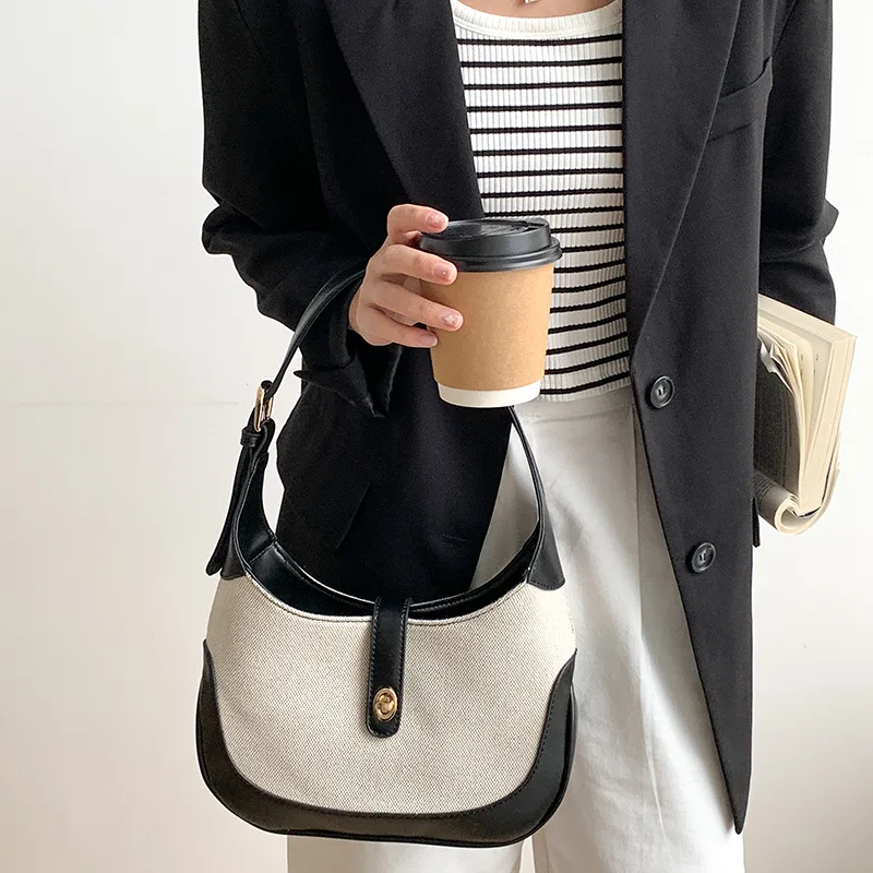 Canvas Spliced PU Leather Hobo Bag for Women Ladies High Quality Canvas Armpit Bag All-match Shoulder Underarm Bag Sac A Main