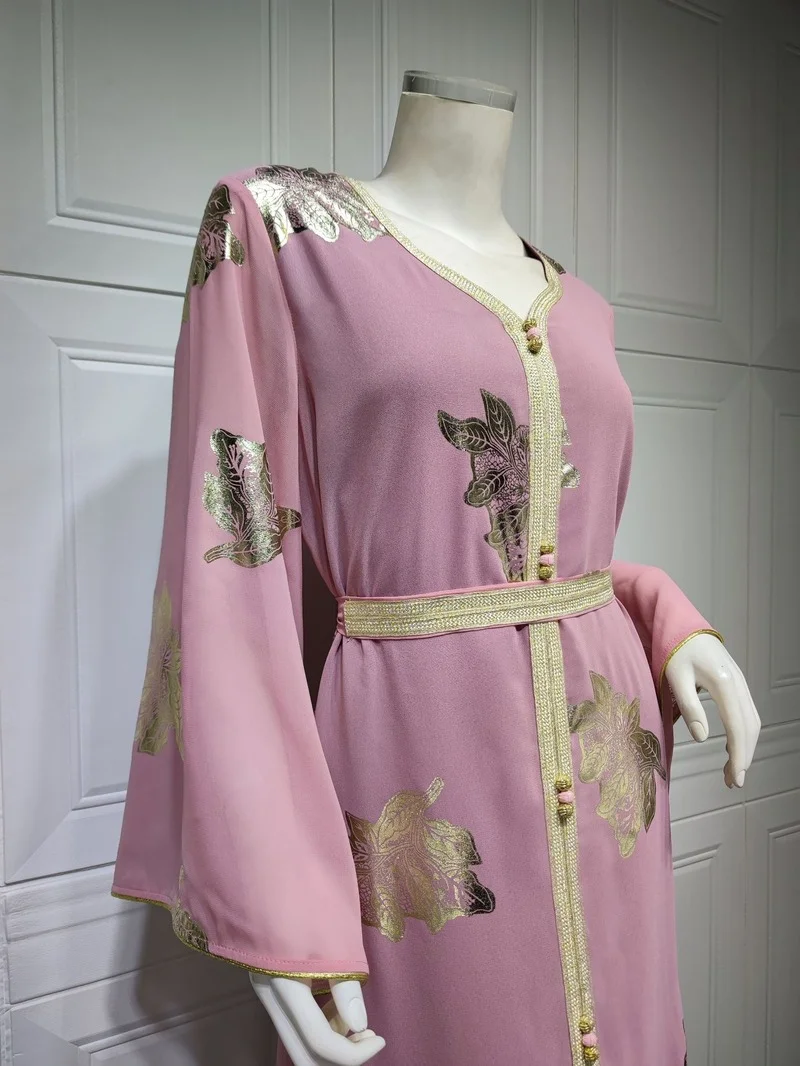 Muslim Dress Women Moroccan Jalabiya Dubai 2022 Pink Chiffon Gold Stamping Abaya Femme Turkish Dresses Free Shipping