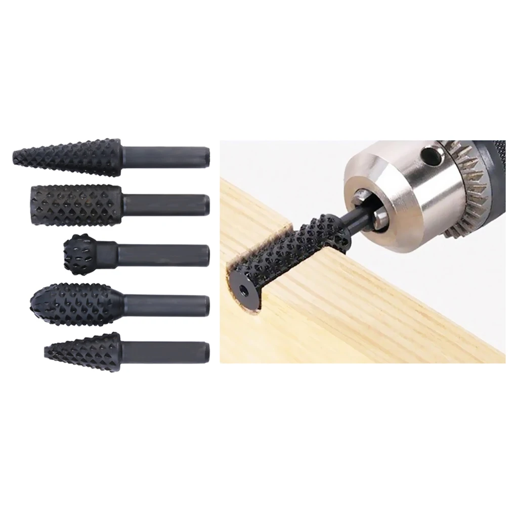 

5pcs Woodworking Revolving File Steel Rotary File Wood Carving Rasp Drill Bit Kit Rotating Embossed Grinding Head Power Tools