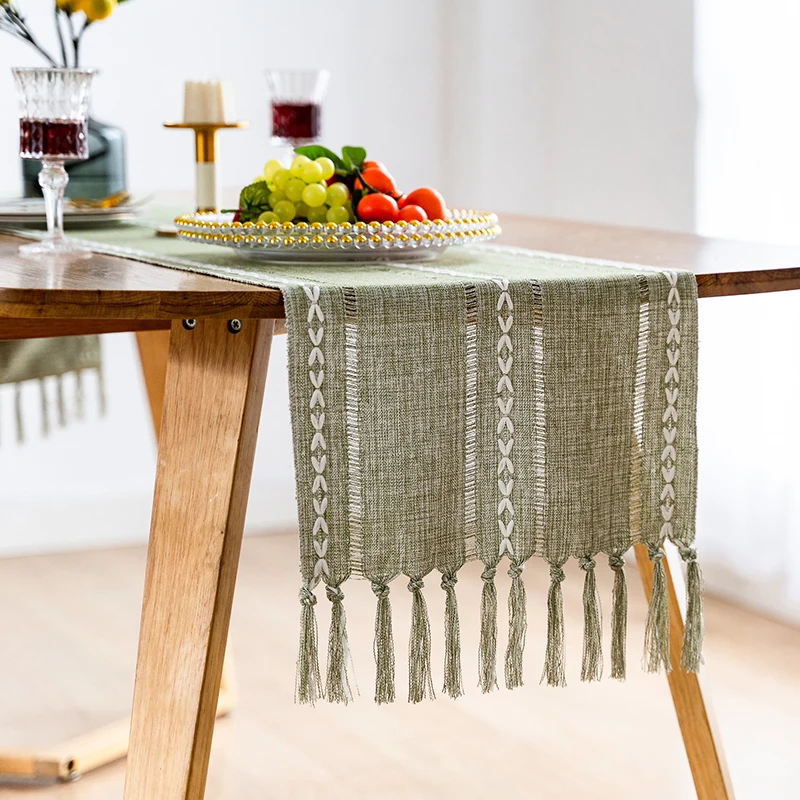 

Rustic Farmhouse Style Linen Table Runner Embroidery Hemstitched Table Runners with Tassels for Holiday & Party Decor 221509HTR
