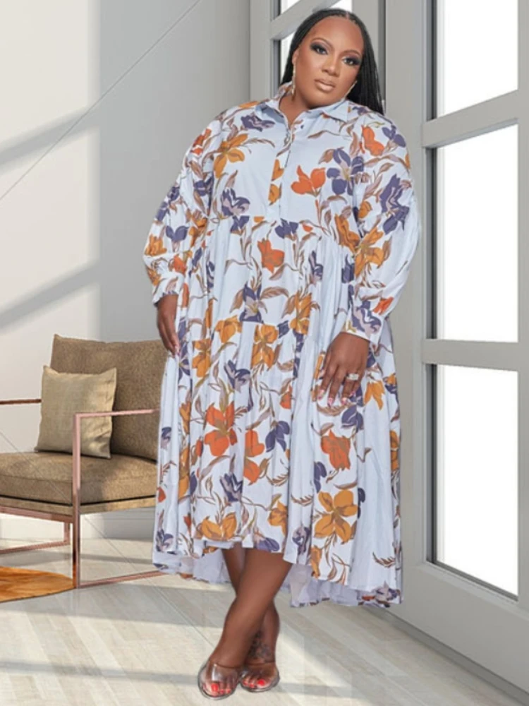Plus Size Women Shirt Dress 2023 Summer Printed Long Sleeve Casual Loose Blouse Maxi Dresses Vestidos Elegant Beach Party Robes