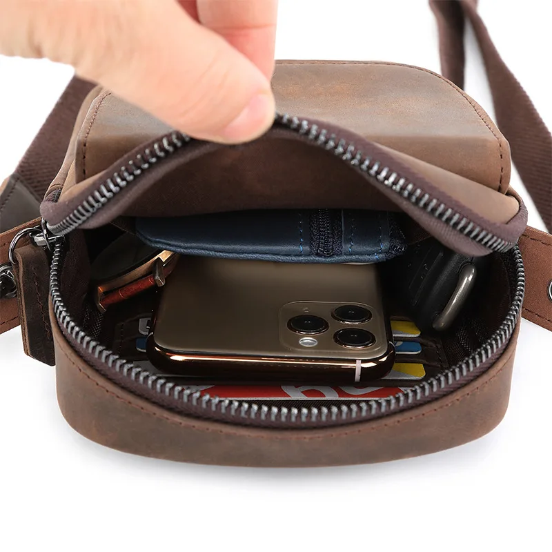Casual Genuine Leather Crossbody Bags for Men Zipper Top Layer Leather Bag Man Purse Side Bag Shoulder Bag for Men