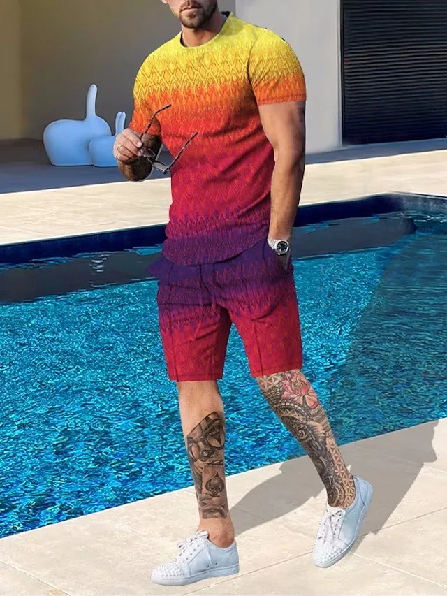 Men Shorts and T Shirt Set Clothing T-Shirt Outfits Graphic Color Block Crew Neck Short Sleeve 2pcs Designer Casual Comfortable