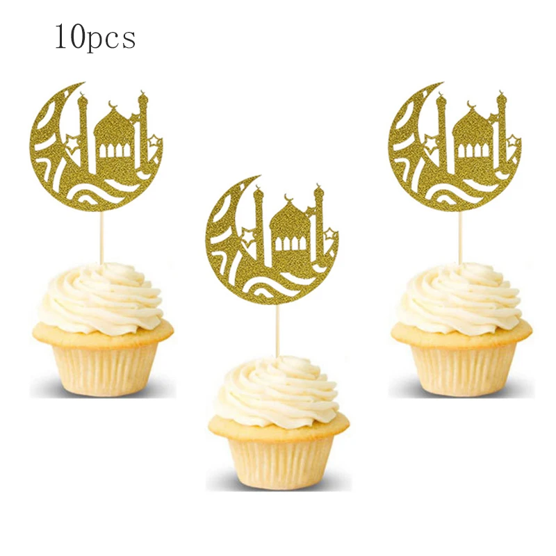 10 шт. золотые бумажные топперы для торта Eid Mubarak замок луна капкейк топпер