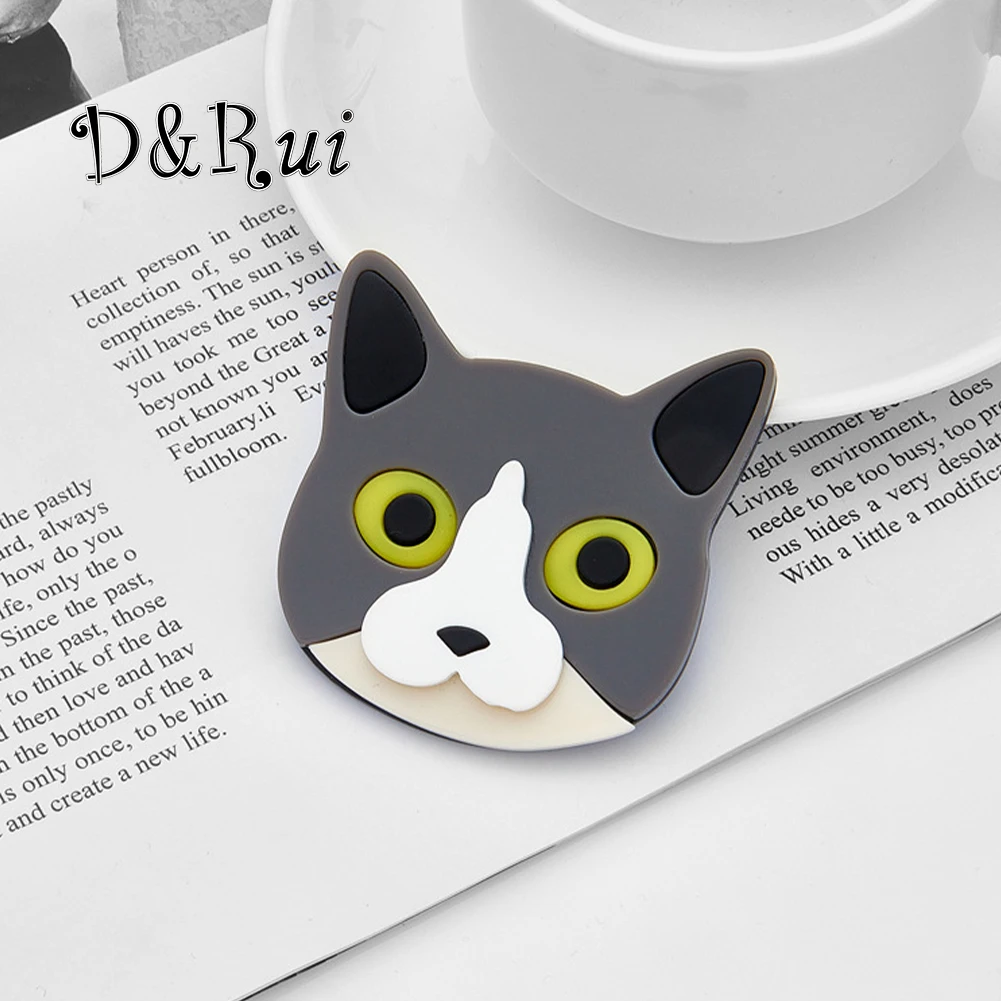 

D&Rui 2023 Cute Gray Cat Head Brooches Fashion Acrylic Badge Cartoon Women's Backpack Lapel Pin Jewelry Accessories Brooch