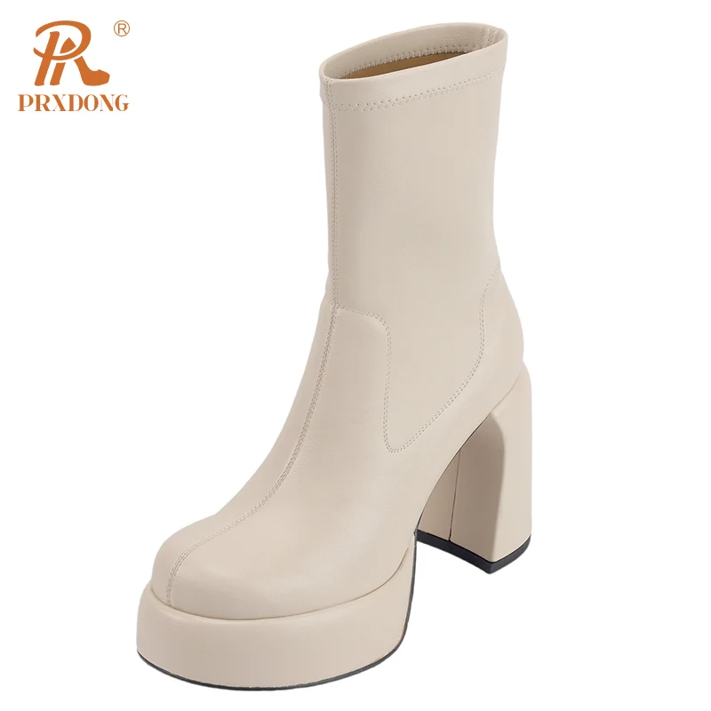 

Женские ботильоны на массивном каблуке PRXDONG, бежевые или черные рабочие ботильоны на платформе и высоком массивном каблуке, Осень-зима 2023