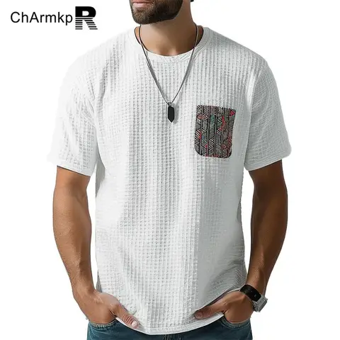 Летняя мужская футболка ChArmkpR 2024, модные однотонные Лоскутные Топы с карманами, повседневные рубашки, уличная одежда, текстурная футболка с коротким рукавом, женская