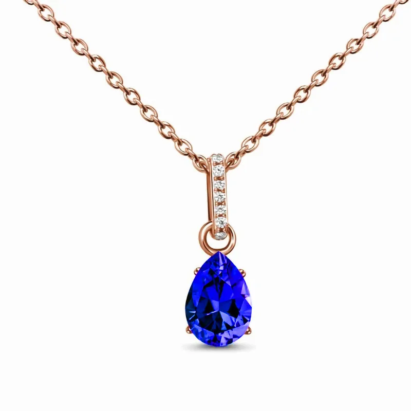 

European and American retro S925 sterling silver water drop dark blue gem pendant rose gold necklace