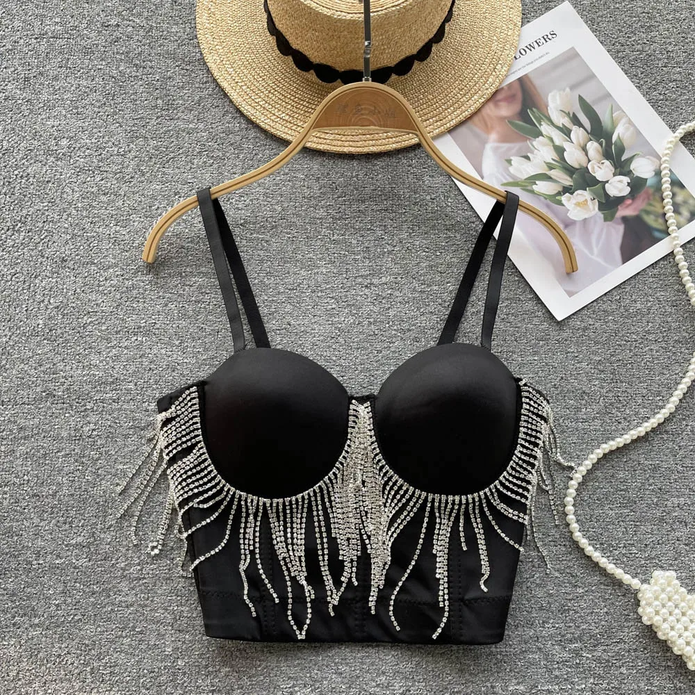 

Fashion Sexy Clubwear Diamond Tassel Crop Tops Sleeveless Slim Lady Bralette Corset Top Strap Skinny Female Nightclub Camisole