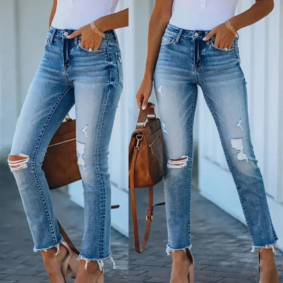 

Woman Slim Elastic Ripped Jeans 2022 Spring New Vintage Blue High Waist Jeans Women Button Pocket Trousers