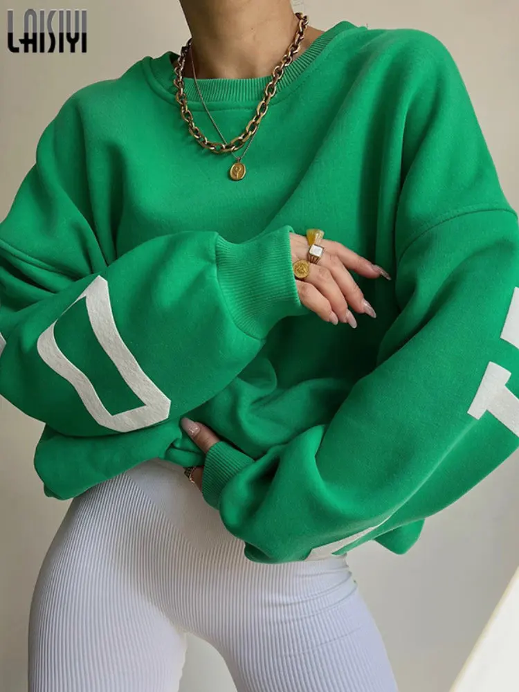 

LAISIYI Warm Thick Top Women Long Sleeve T-shirts Green Autumn Winter Y2k Streetwear Letter Printed Loose T Shirt Women Clothing