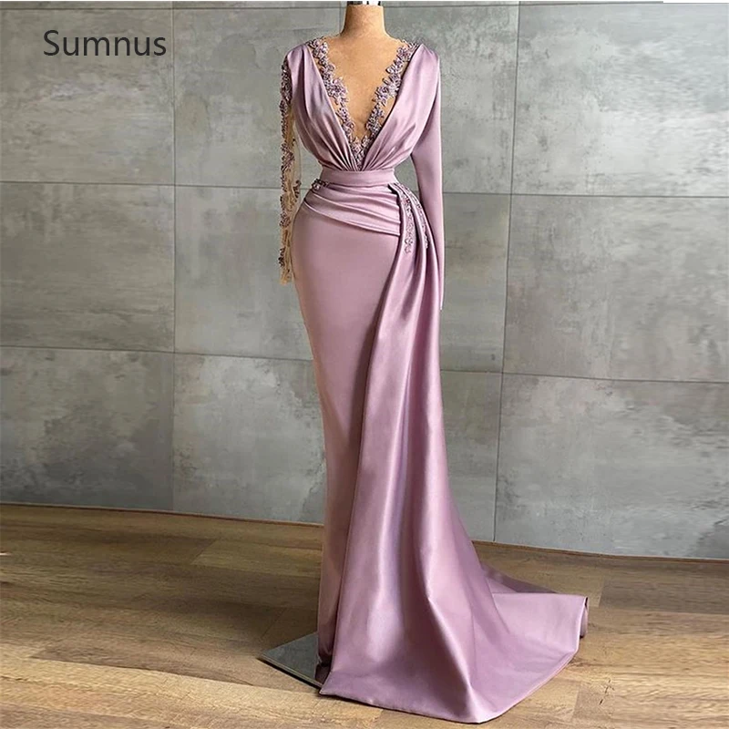 

Женское вечернее платье-Русалка Sumnus, элегантное розовое кружевное платье с длинными рукавами, аппликацией и глубоким V-образным вырезом, 2022