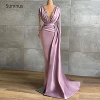 sumnus pink mermaid elegant prom dresses 2022 full sleeves lace appliques deep v neck illusion robes de soir%c3%a9e evening dresses