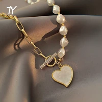 dieyuro 316l stainless steel pearl heart pendant necklace for women fashion rustproof t buckle chain girls jewelry wedding gift