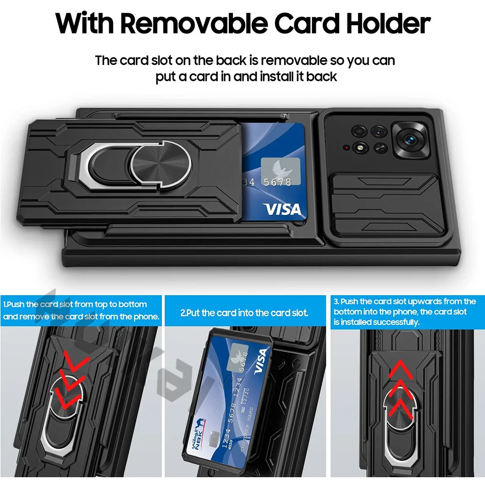 detachable card holder phone case for xiaomi 11t pro redmi note 11 10 poco x4 x3 pro max slide stand kickstand ring camera cover free global shipping