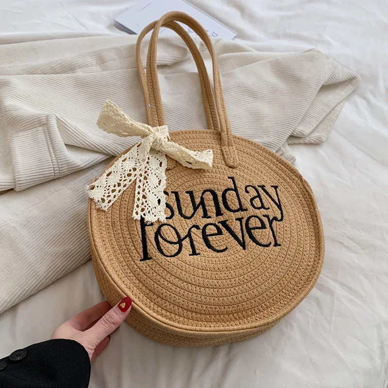 

Round Straw Beach Bag Vintage Handmade Woven Shoulder Bag Raffia Circle Rattan Bags Bohemian Summer Vacation Casual Bags
