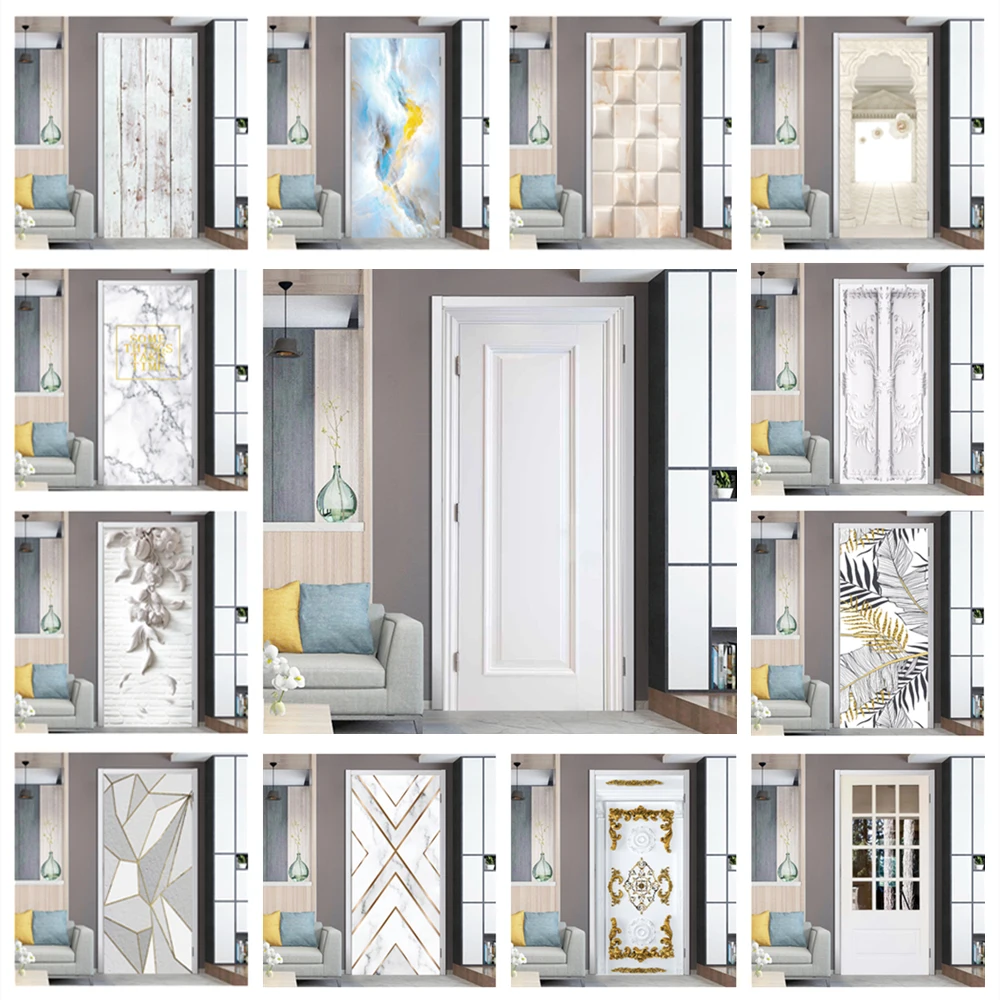 

White Wood 3D Door Stickers Wallpaper Self-adhesive Removable Modern Geometry Bedroom Door Wall Art Mural Home Decor Renovation