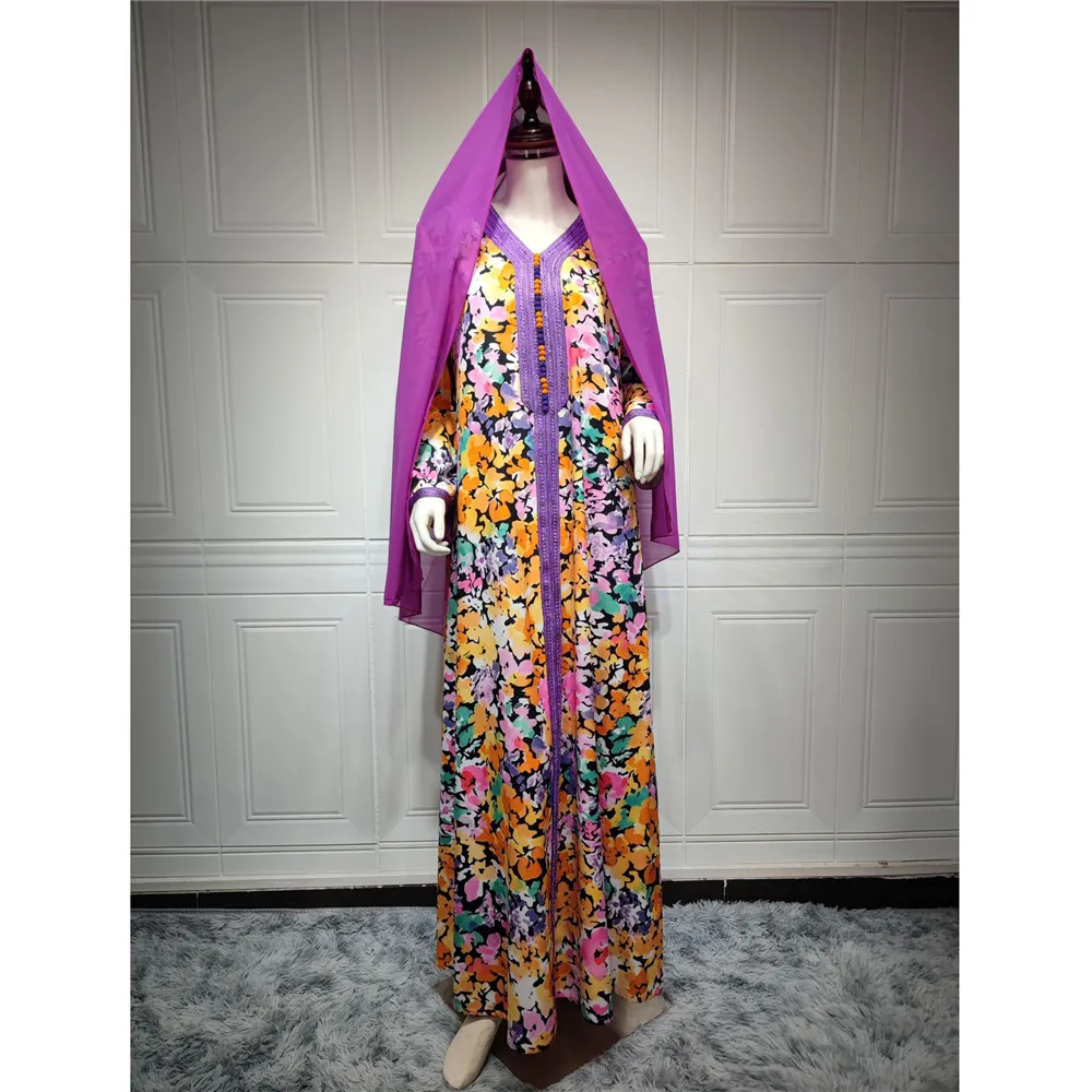 

Ramadan Abaya Arab Evening Long Dress Women Floral Print Muslim Ramadan Moroccan Kaftan Dubai Saudi Jalabiya Colorful Abayas