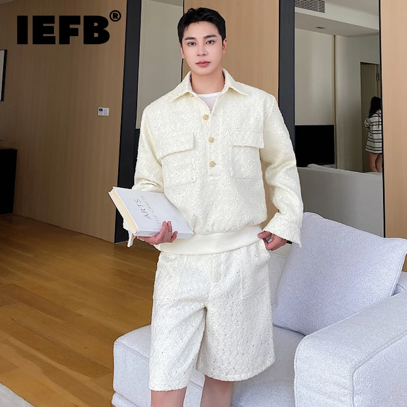 

Комплект мужских утепленных шерстяных шорт IEFB, куртка с воротником поло, пальто, короткие брюки с широкими штанинами, Модный комплект из двух предметов, на осень-зиму 9C2457