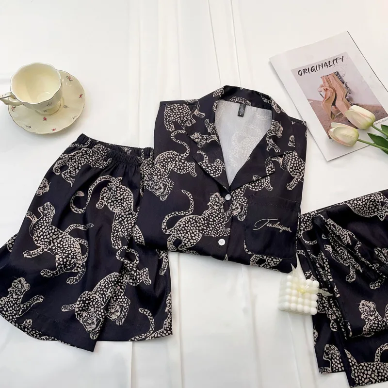 2024 пижама из трех предметов ледяного шелка комплект с коротким рукавом черный