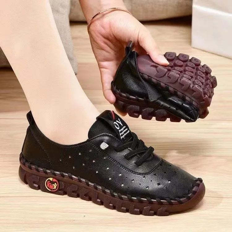 Women Spring Vintage Breathable Shoes Platform Loafers Lace Up Leather Hollow Slip-On New Fashion Casual Mom Shoe Zapatos Mujer
