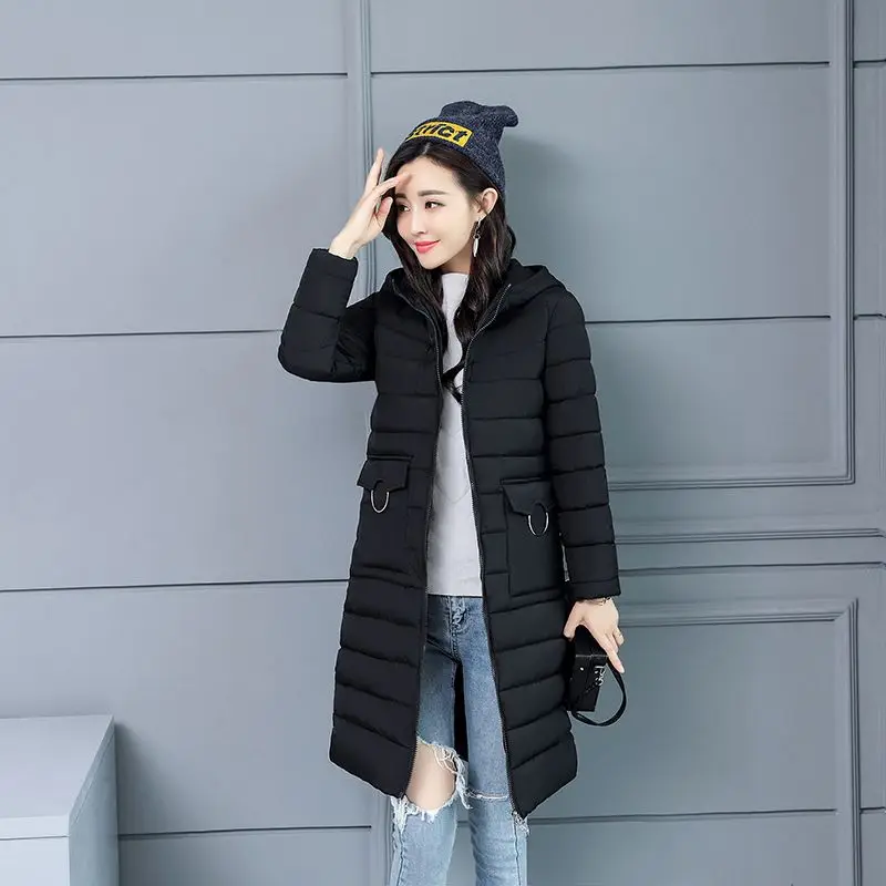 Korean Fashion Warn Down Parkas Women Hooded Winter Jacket Slim Down Cotton Long Coat Solid Casual Female Oversize Thick Outwear