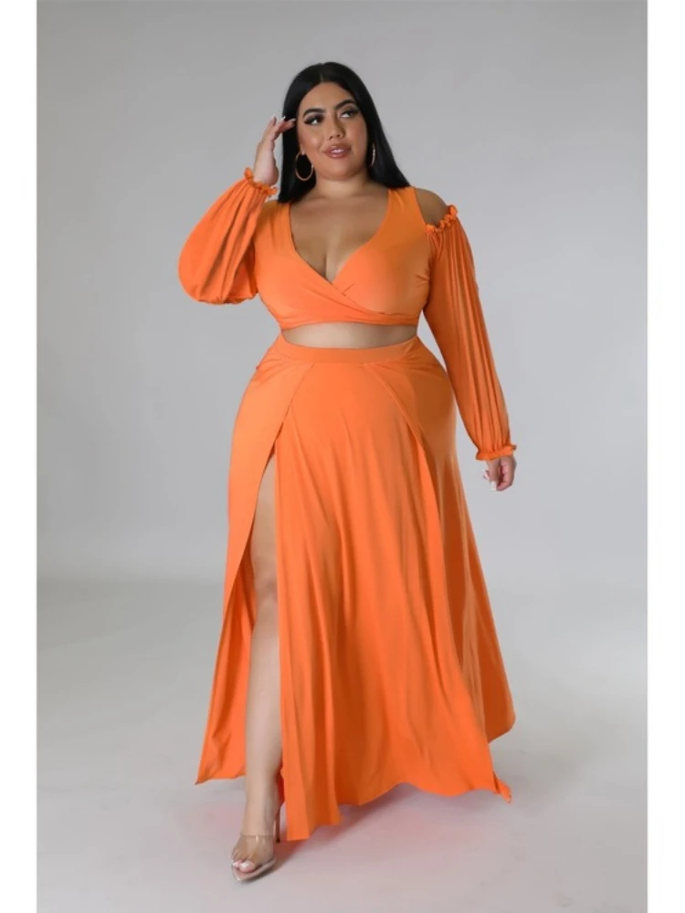 

Plus Size Two Piece Set Orange V Neck Short Tops and High Waist Skirts for Women Casual Evening Party Two Piece Outfit Autumn