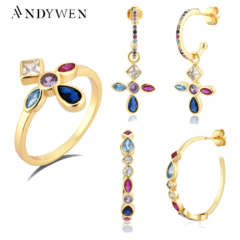 

ANDYWEN 925 Sterling Silver Five Color Gold Rainbow Cross Drop Earring Hoops Piercing Ring Jewelry Set For Women Fashion Jewels