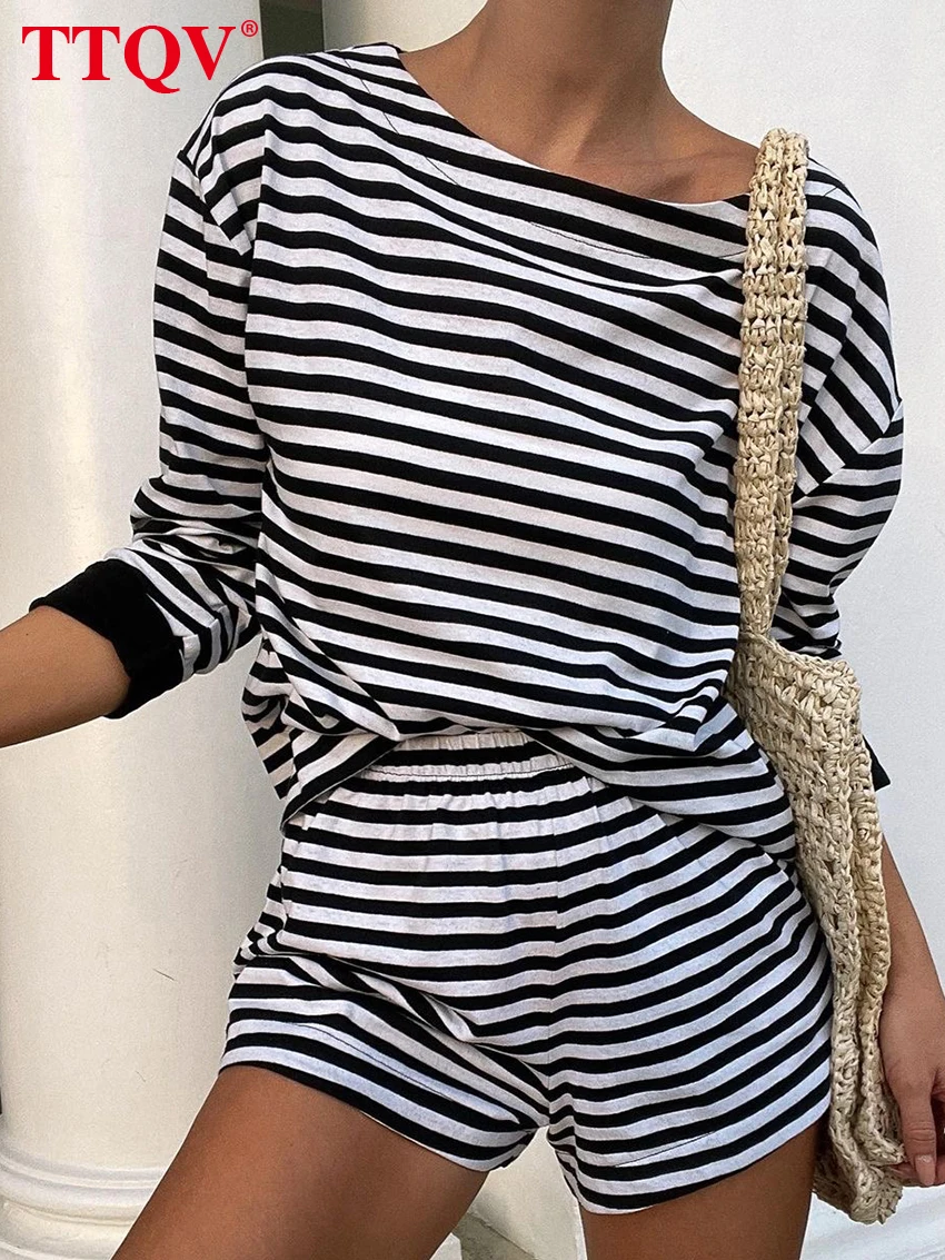 

TTQV Casual Black Striped Print Two Piece Set For Women Autumn O-Neck Long Sleeve Blouses And High Waisted Shorts Female Sets