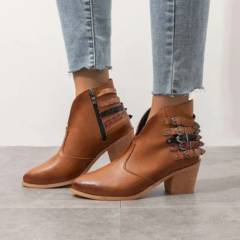 

Retro Shoes Boots Ladies Belt Buckle Ankle Boots Pointed Toe Square Heel Lady Footwear Autumn Winter Cool Women Shoes Plus Size