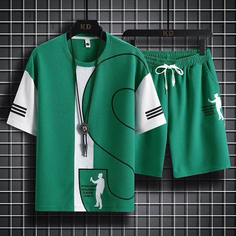 Summer Corn Waffle Suit Loose Sports Two-Piece Short Sleeve Shorts Men's Suit