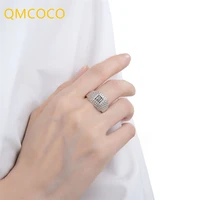 qmcoco silver color trend ins style light luxury square black zircon vintage wide ring opening adjustable woman fine jewelry