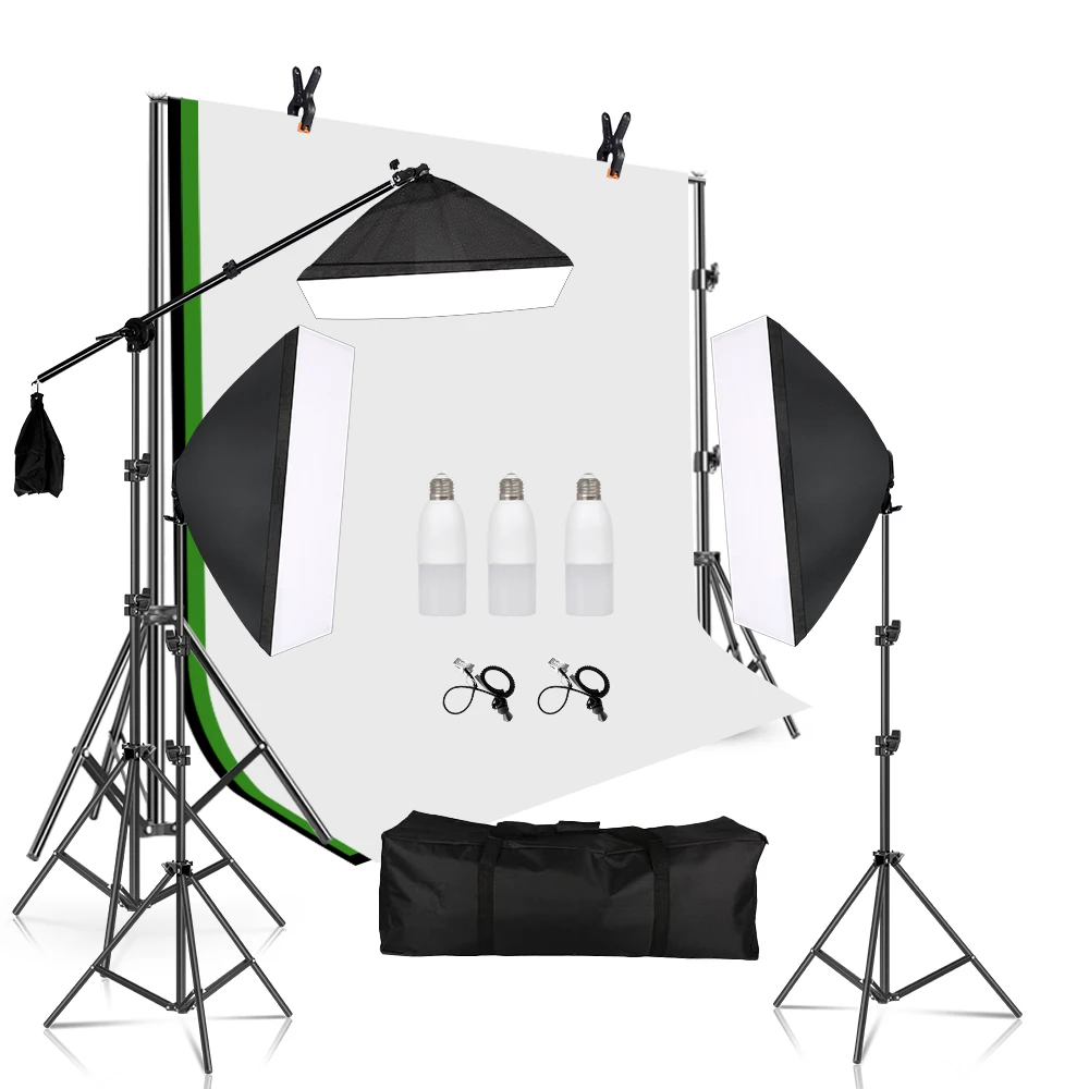 

Photography Softbox Lighting Kit 2.6M*3M Backdrop Stand E27 Lamp Holder Photo 3M*3M Polyester Green White Black Backgrounds