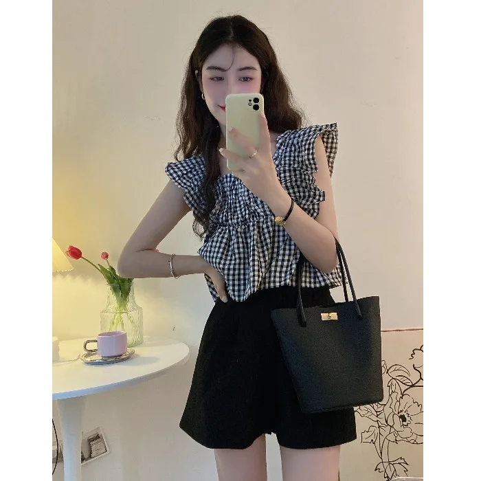 

French gentle milk Department wear with a small top, women's summer short doll shirt, special fly sleeve shirt