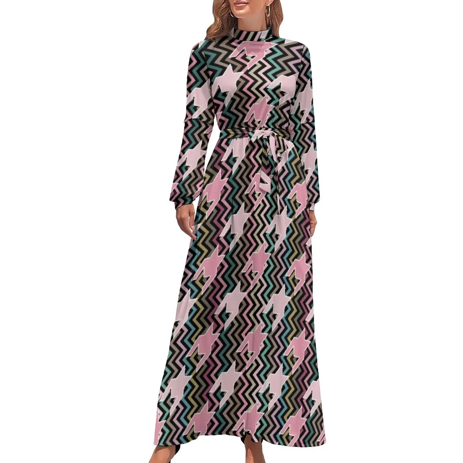 

Pink Houndstooth Dress Pop Art Elegant Maxi Dress Stylish Bohemia Long Dresses High Waist Custom Vestido