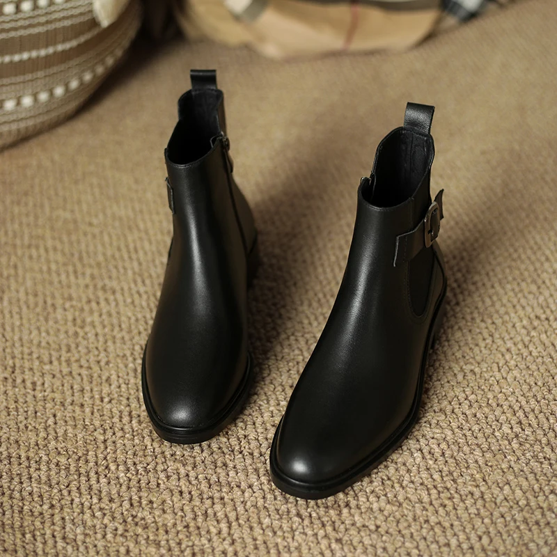 MythLuo Pumps Ankle Boots For Women Chunky Heels Short Boots Cow Leather Round Toe Side ZIP Office Ladies Casual Shoes Retro