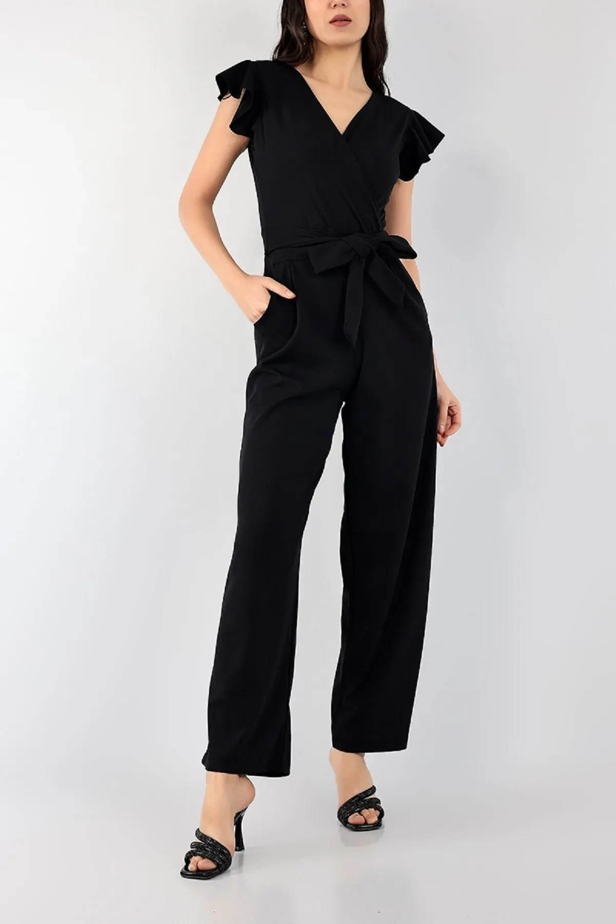

Women's Overalls Black Self Belt Zipper Jumpsuit Hot Style Quality Fabric Sleeveless Baggy Trousers Casual Jumpsuit