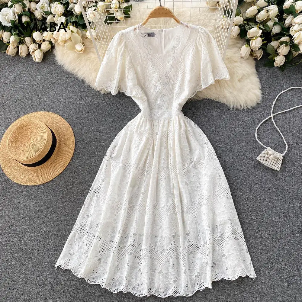

Summer Women White Lace Dress V-neck Short Sleeve High Waist Hollow Out Elegant Party Midi Fashion Formal A-line Long Dress 2022