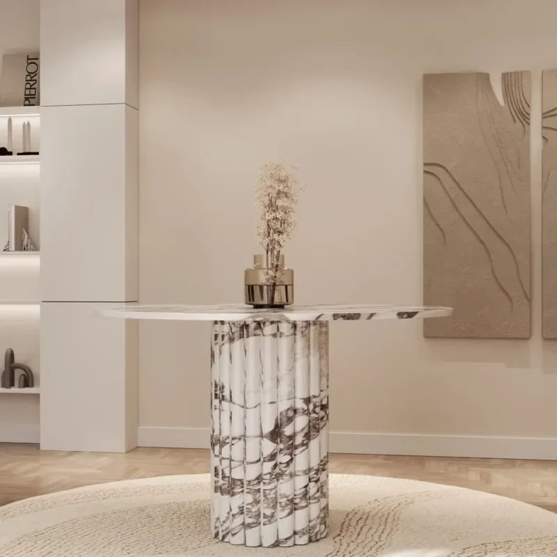 Фото Обеденный стол Kumusi Furniture Lorenzo Calacatta Viola круглой формы с рифленым основанием №1