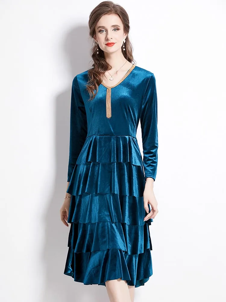 

Elegant Autumn Winter Velvet Dresses for Women Long Sleeve 2023 Designer Ruffled Layered Party Cocktail Vestido Fiesta Vintage