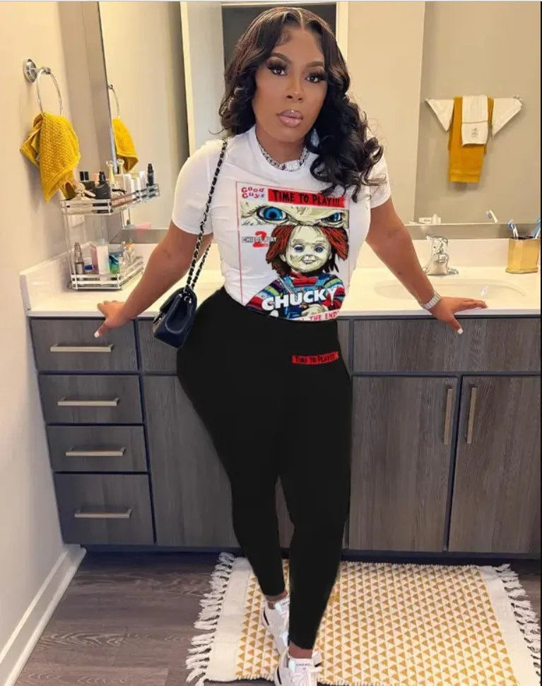 

Женский спортивный костюм из двух предметов, футболка с коротким рукавом и облегающие брюки с надписью и мультяшным принтом, 2023