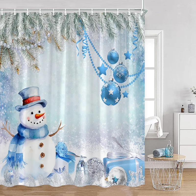 Синяя душевая занавеска со снеговиком в форме ветки рождественского шара
