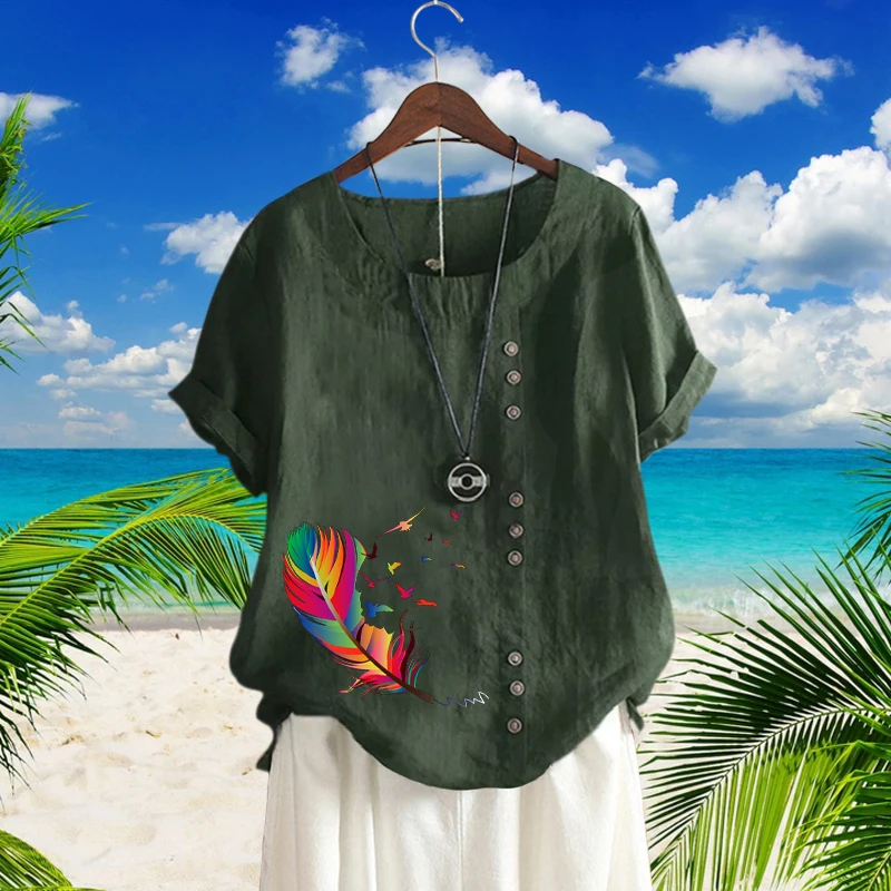 

2022 Vintage Women Beautiful Feather Printed Top Short Sleeve Round Neck Loose Linen T Shirt Fashion Casual Summer Blouse XS-5XL