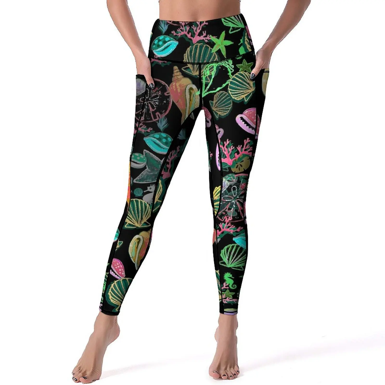 

Colorful Sea Shells Yoga Pants Pockets Lady Reef Madness Leggings High Waist Cute Yoga Legging Elastic Graphic Gym Sport Pants