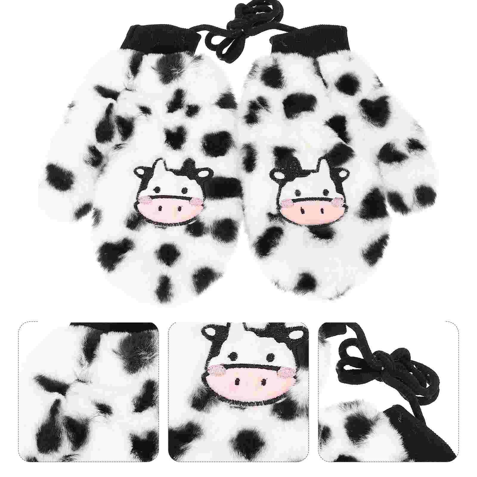 

1 Pair Creative Cartoon Cow Gloves Hanging Neck Mitten Plush Cow Gloves