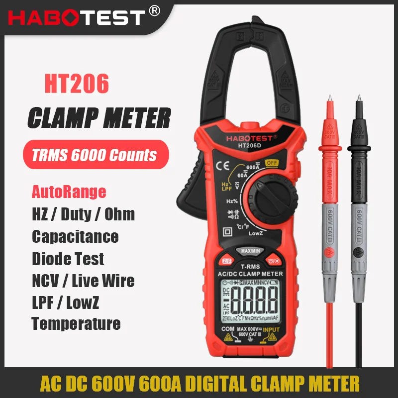 

HABOTEST Digital Clamp Meter HT206A HT206B HT206D 600A AC DC Current Two-color Backlight NCV Voltmeter Ammeter With Leather Case