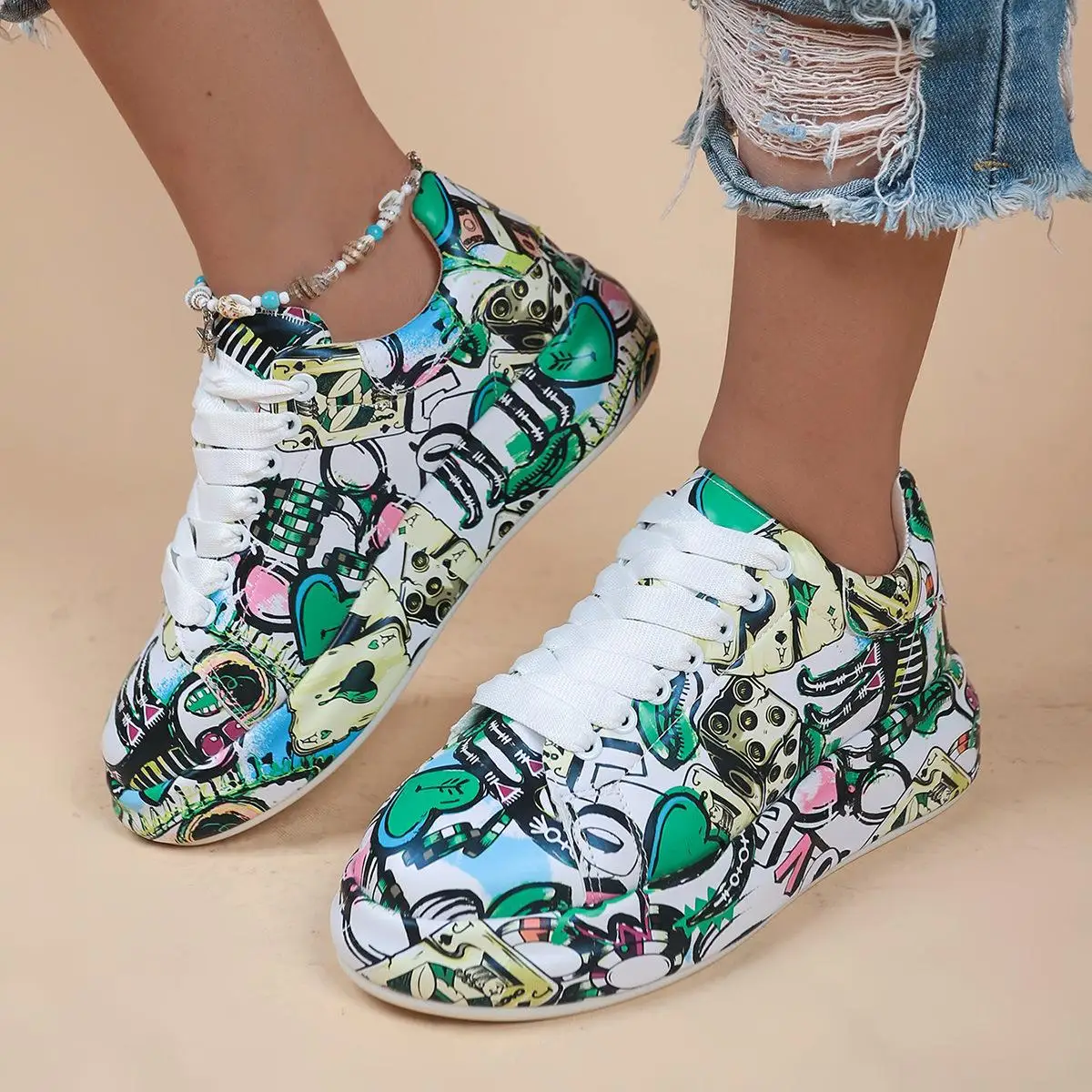 

2023 Halloween Cartoon Print Flats Fashion Graffiti Flats Shoes Platform Lace-up Round Toe Sports Shoes Dropshipping