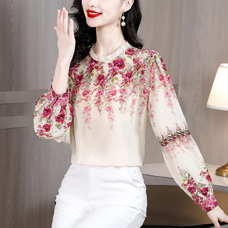

2023 Spring Autumn New Elegant Fashion Silk Shirt Vintage Flower Printed Tops Long Sleeve Women Pullovers Blouse
