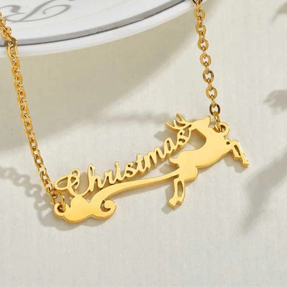 

JewelryR Custom Elk Name Necklaces Personality Stainless Steel Gold Nameplate Pendant Collier For Women Jewelry Christmas Gifts