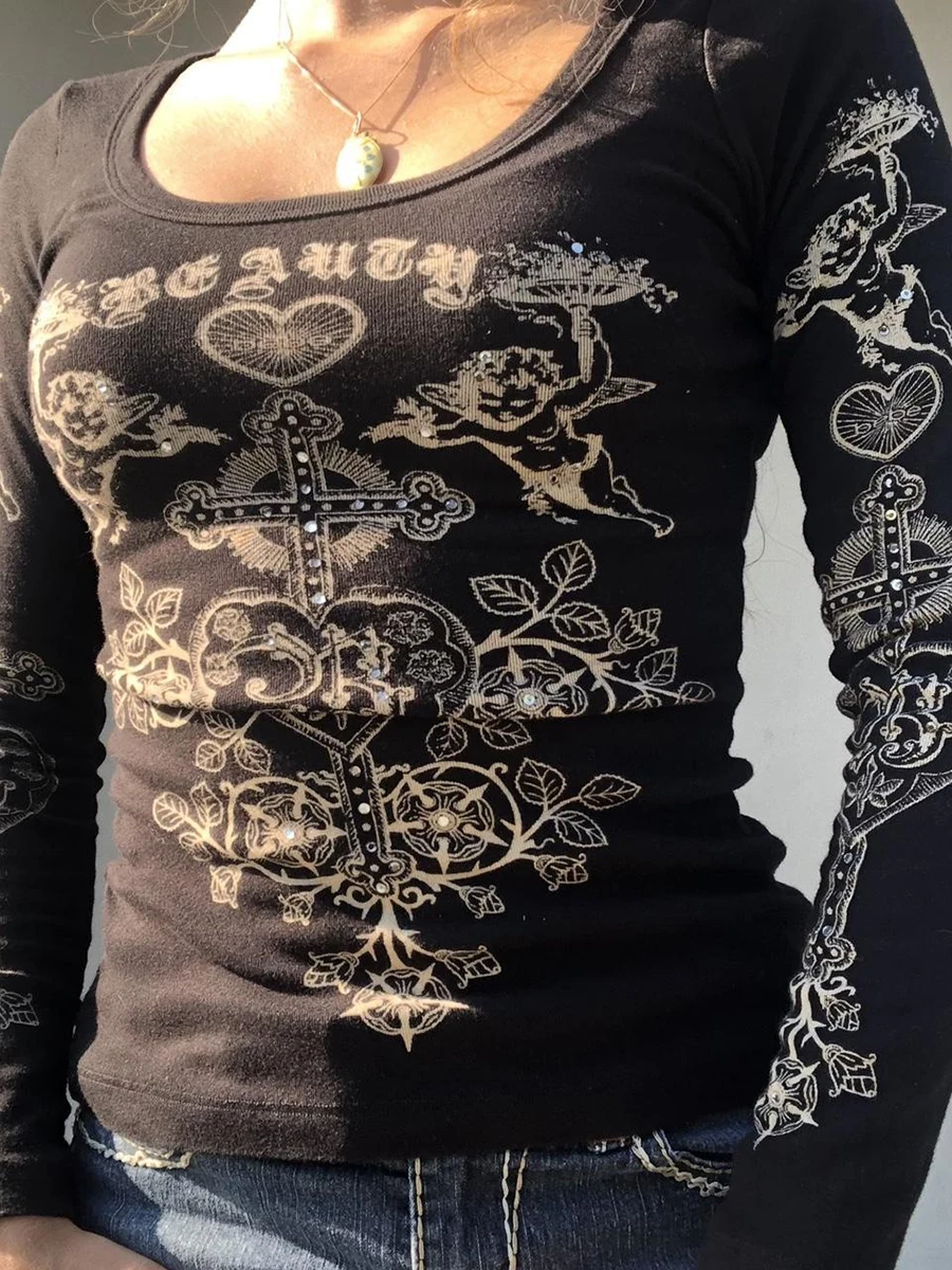 

Футболка женская с длинным рукавом, принтом и изображением ангела